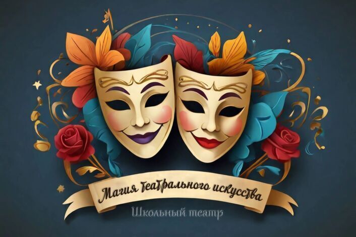 На изображении две театральные маски, украшенные цветами и розами. Вокруг них завитки и звёзды. Есть надпись «Магия театрального искусства. Школьный театр»..